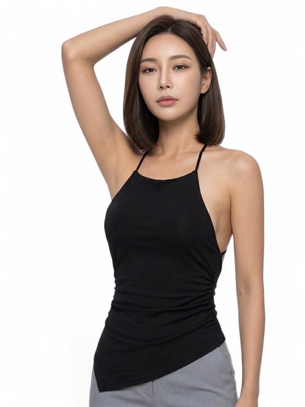 Urban Outfitters Black Halter Tank Top XS Fitted Ruched Minimal Basic